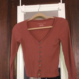 American Eagle Long-sleeve Lettuce Trim Ribbed Top